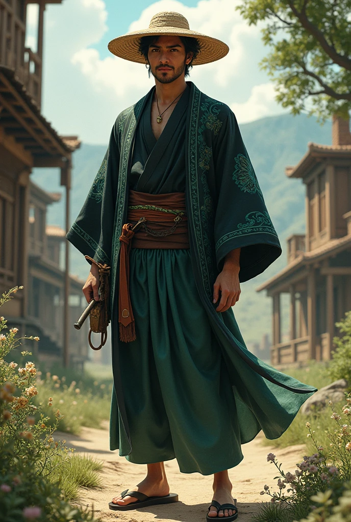 I would like a american 2 man with short black hair,earrings, wearing a straw hat on his head, dressed in a black and green kimono, and sandals on his feet. I would like the style to be mature, with the art in a fantasy RPG style set in the Old West.