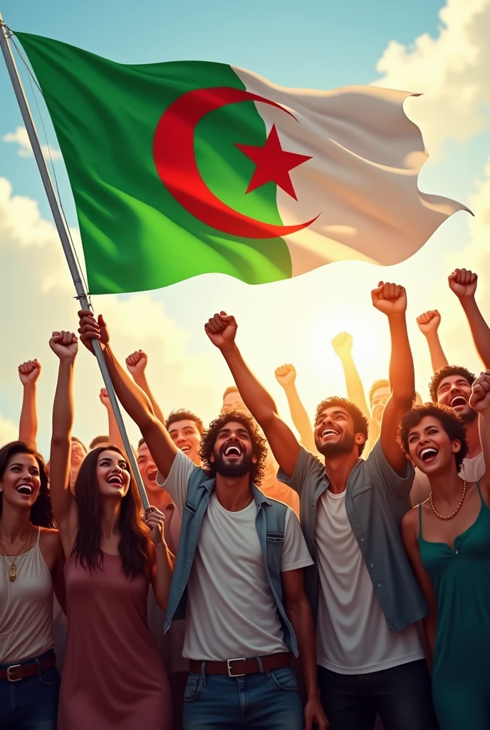 Le drapeau algérien flotte bien haut vers blanc le croissant de lune et l'étoile rouge et le peuple algérien le point levé avec des femmes des enfants et des hommes heureux pour le rêve algérien