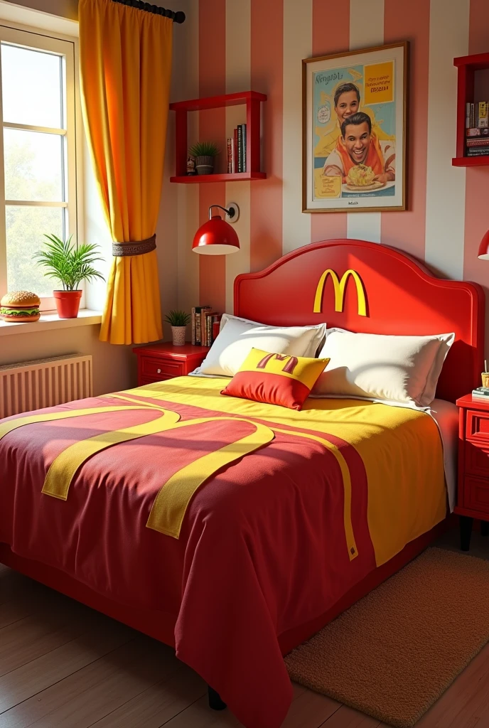A bedroom with a bed decorated with the McDonald&#39;s brand 