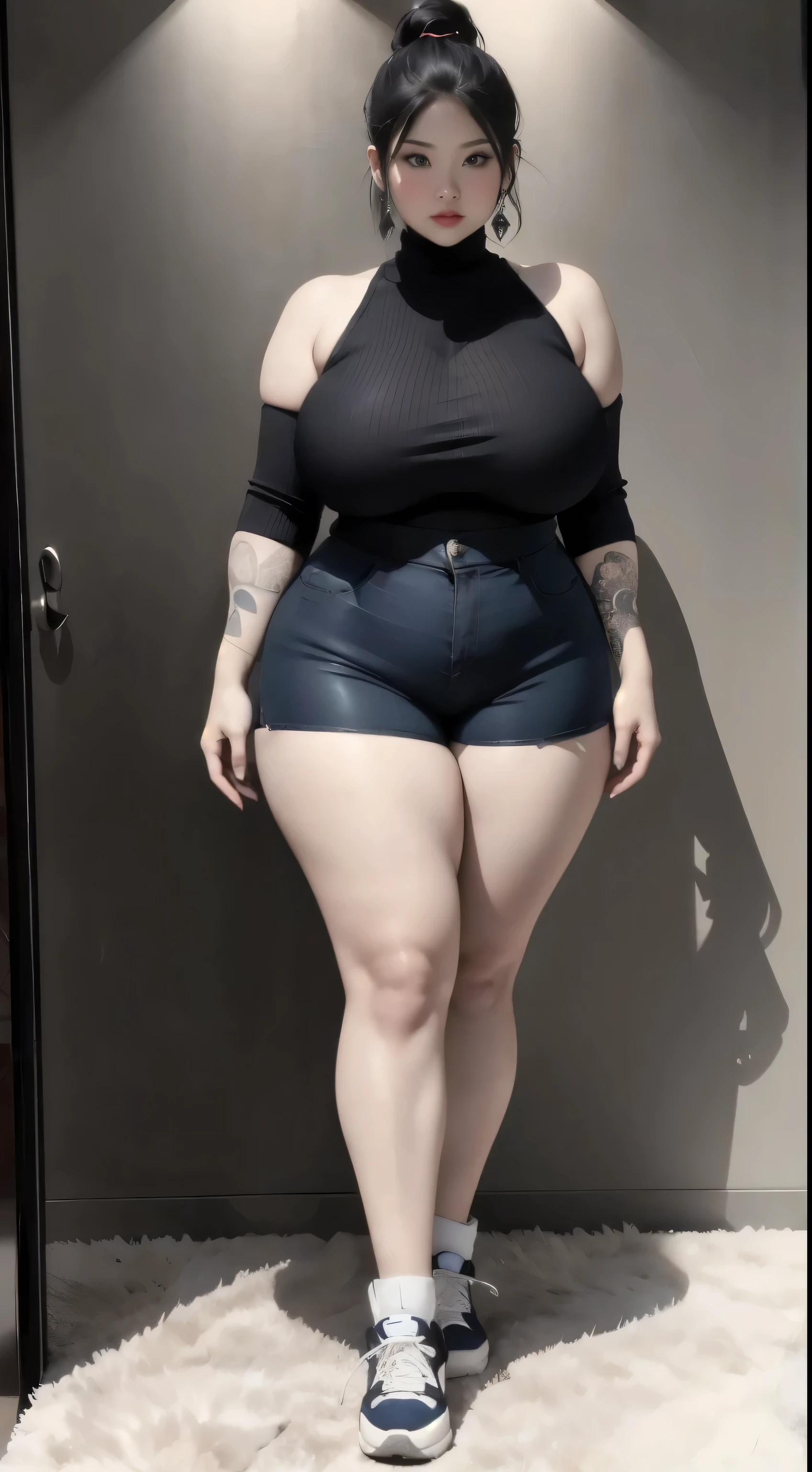 ((Highest quality)), ((masterpiece)), (detailed), Perfect Face, beautiful, Mother-in-law, Asia-Indonesia , Sensual, Wearing random clothes (formal), In the black room, Captivating look, Chubby body type, Nice body, Mature BBW, Chinese to Indonesian. whole body, Big arms, Wide Hips , Wearing sneakers, Bob Hairstyle, Baby Face , Chubby Cheeks, Age 35, Chubby tall woman, Tattooed thighs , yakuza tattoo , Thick thighs, Big armspits , Plump and big cheeks , Thick neck, Cold atmosphere, Low Light, Wavy short hair, Big Breasts, Show your armpits , A thick woman , turtleneck, A thick woman . whole body, Wearing shorts