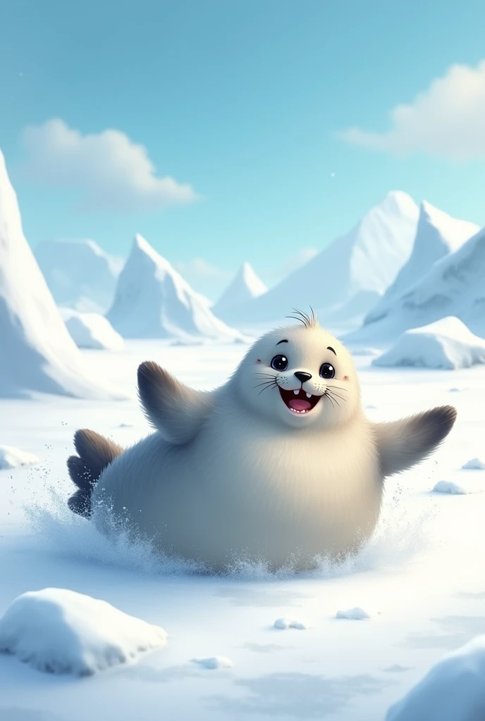 Please draw a picture of a seal rolling around with a smile on its face.。I would like the background to be the North Pole。
