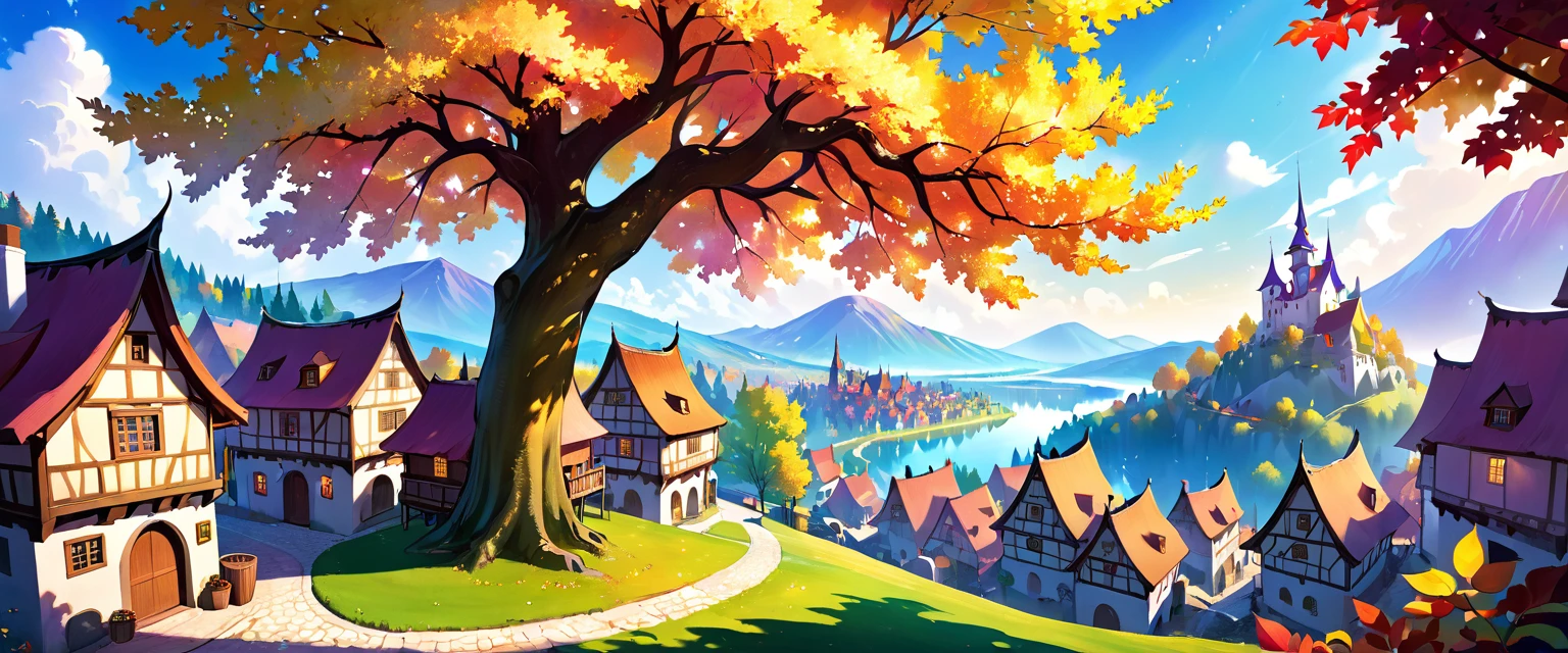 "tree with bright iridescent leaves, Casting its majestic shadow over an enchanting fantasy village."Fantastical、In a dream、PILLOWS、Sleep Wine、