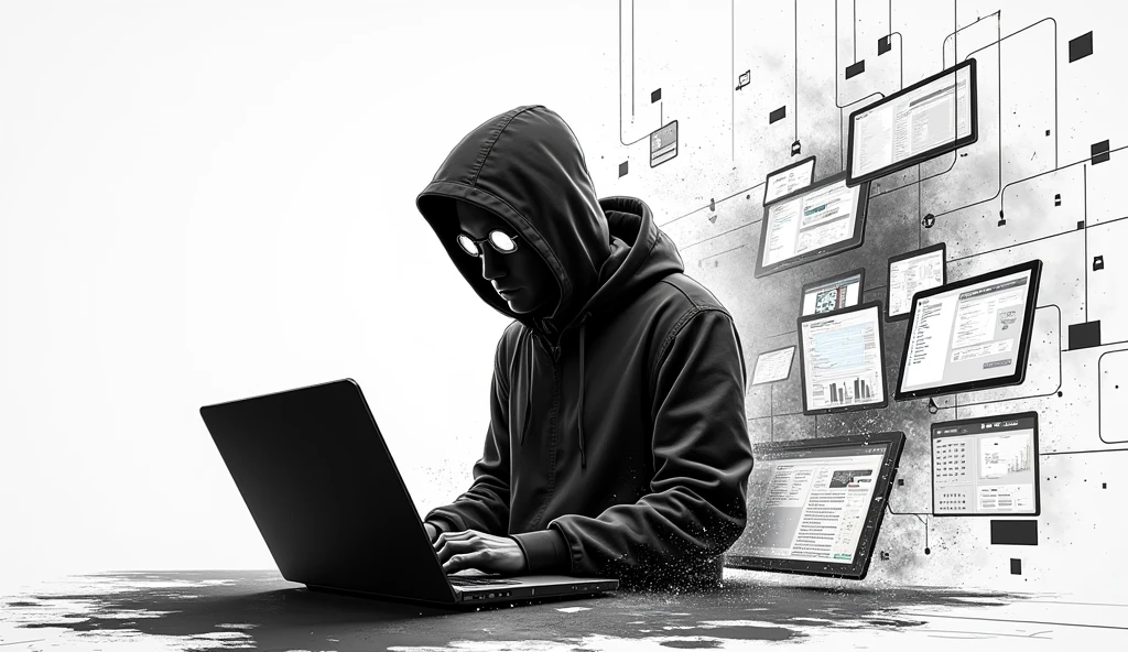 black and white hacker guy vector manga multiple screens horizontal white background