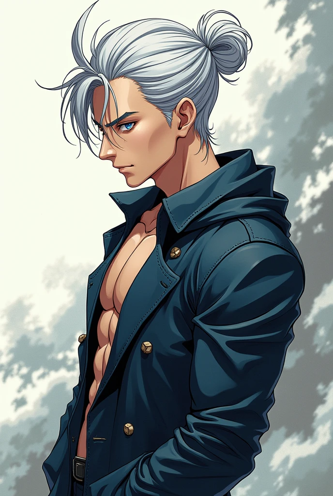 Create an unique male anime character 2d anime with eren yeager man bun hairstyle + gojo blue eyes white hair + muscular body side view best stylish character