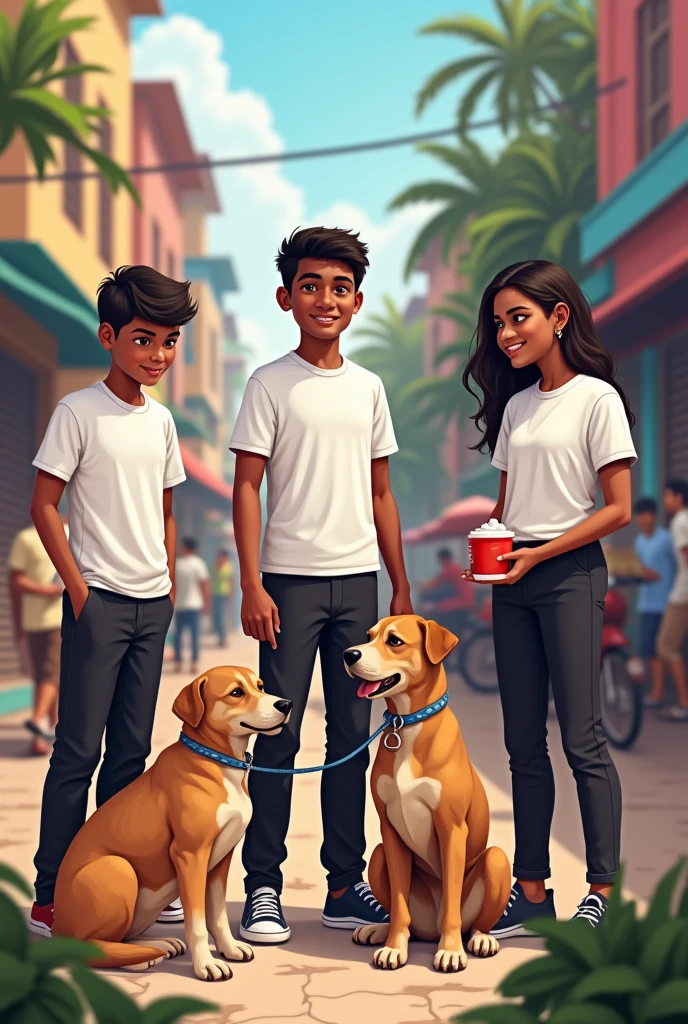 A special team named INDRADHANU of 3 boys and one girl with white t shirt and black pant helping the street dogs in streets of  india and the names of the members are the three boys names Partha, Anjan,Bedik , and the one girl name is Gitika