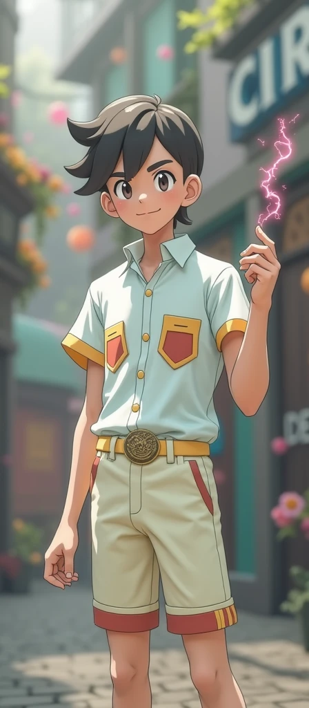 I want him to look like a pokemon trainer who does magic tricks.