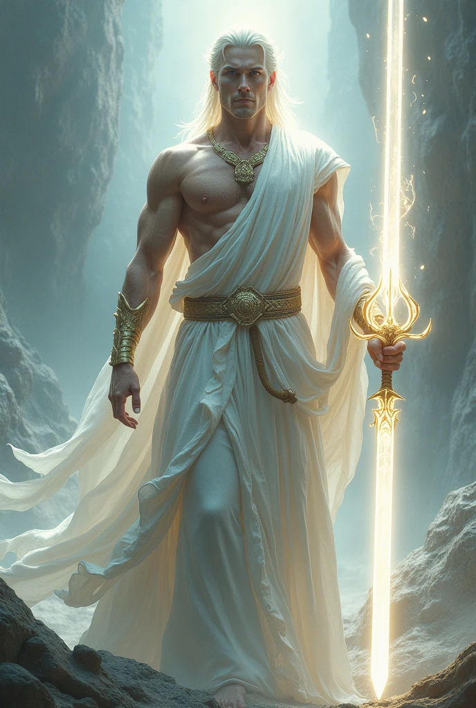 a legendary warrior with divine power, in white robes, with muscles, wielding a sword of light.
