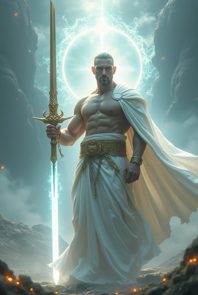 a legendary warrior with divine power, in white robes, with muscles, wielding a sword of light.
