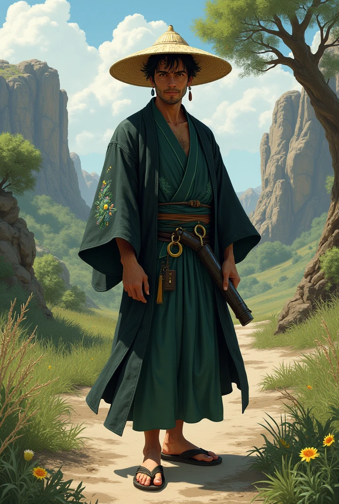 I would like a american 2 man with short black hair,earrings, wearing a straw hat on his head, dressed in a black and green kimono, and sandals on his feet. I would like the style to be mature, with the art in a fantasy RPG style set in the Old West.