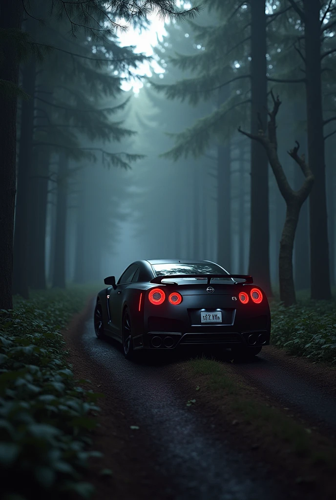 "A dark and moody image of a matte black R35 driving through a dense forest, its headlights barely visible through the trees. back + sideview