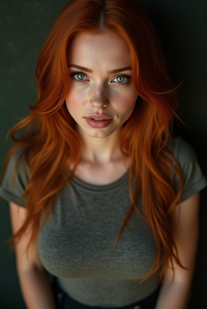 extreme close-up portrait, ultra realistic, photography, long straight red hair, (30 years old, green eyes, hourglass figure, perfect body, natural medium breasts), Long eye lashes, seductive eyes, Award Winning Glamour Photograph extremely detailed award winning glamour photograph, front lit, HDR, she wears a tight roundneck t-shirt, she has a flirty look and her lips are slightly parted,