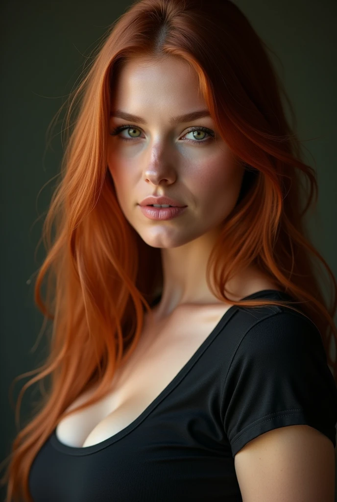 extreme close-up portrait, ultra realistic, photography, long straight red hair, (30 years old, green eyes, hourglass figure, perfect body, natural medium breasts), Long eye lashes, seductive eyes, Award Winning Glamour Photograph extremely detailed award winning glamour photograph, front lit, HDR, she wears a tight roundneck t-shirt, she has a flirty look and her lips are slightly parted,