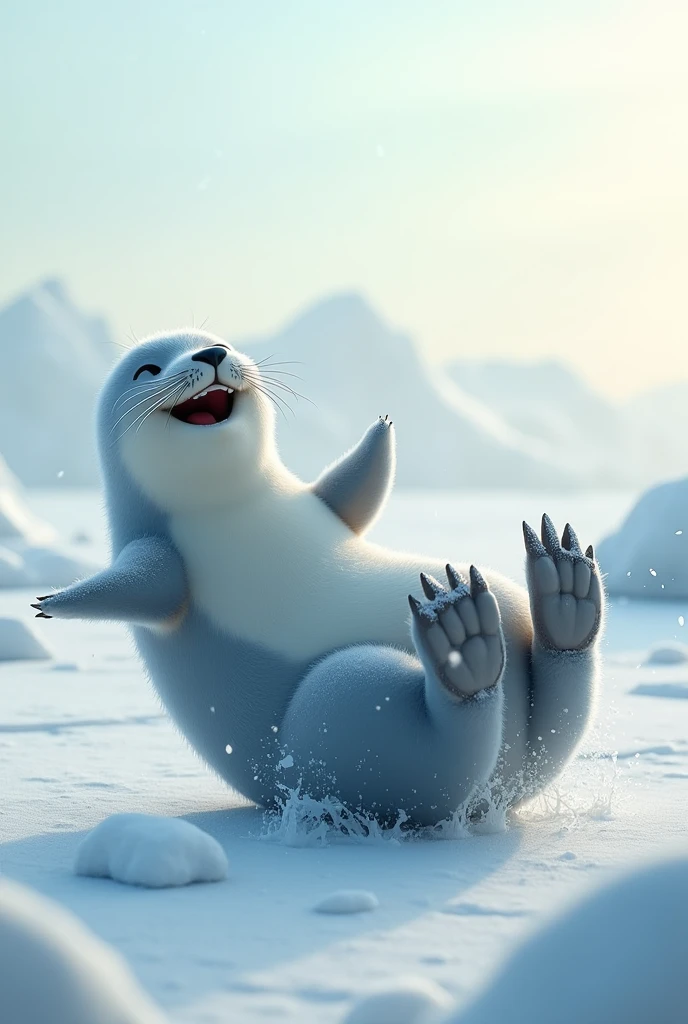 You are a pro at creating photorealistic images。Please draw a picture of a seal rolling around with a smile on its face.。I would like the background to be the North Pole。