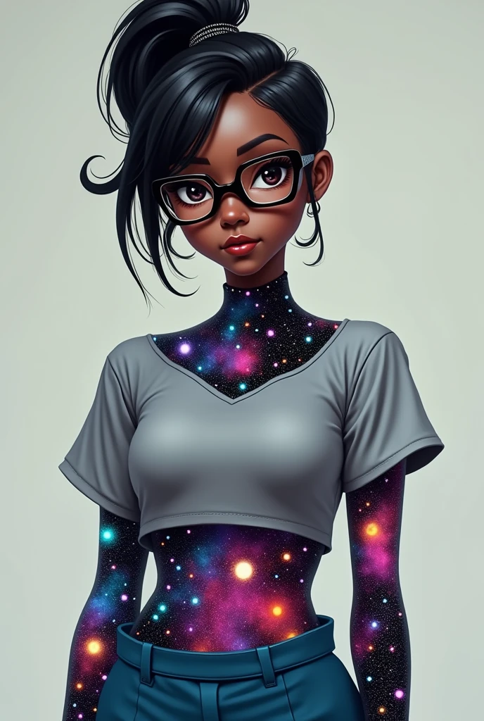 1girl dark skin, small breasts, wears thick-framed glasses that highlight her facial features, with short hair, ponytail and gray, silver shirt, Underneath the shirt she wears another tight shirt, with details in vibrant colors reminiscent of the stars and planets of outer space, and a blue skirt high-top boots with non-slip soles,