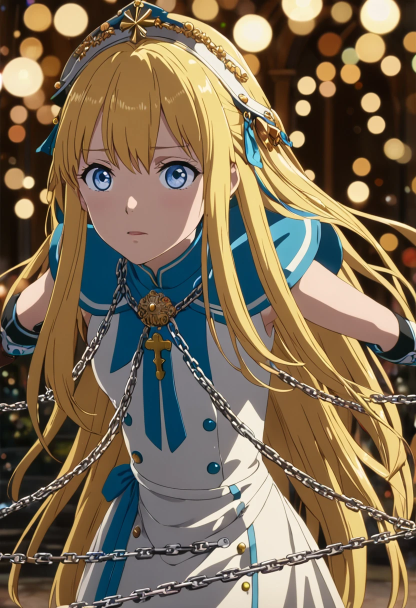 ((best quality, highly detailed)), masterpiece, ultra highres, anime screencap, 1girl, detailed female face, blue eyes, Long hair, Yellow hair, A girl dragging many chains all over her body, el fondo es una capilla sixtina, bokeh