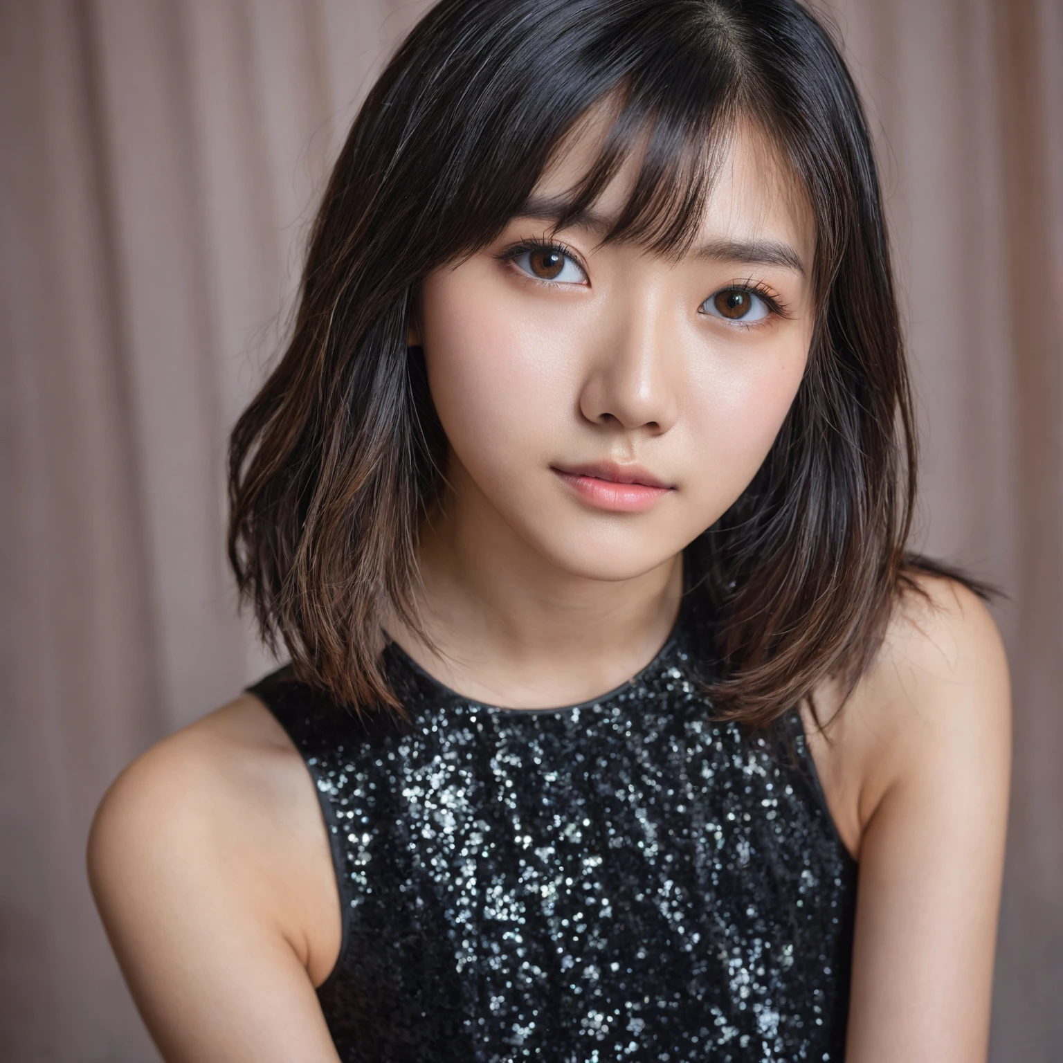 Yui, photo of female, age 15 year, black shoulder length hair with brown highlights; (dslr, ultra quality, film grain, Fujifilm XT3, crystal clear, 8K UHD, highly detailed glossy eyes, high detailed skin, skin pores), wear black dress