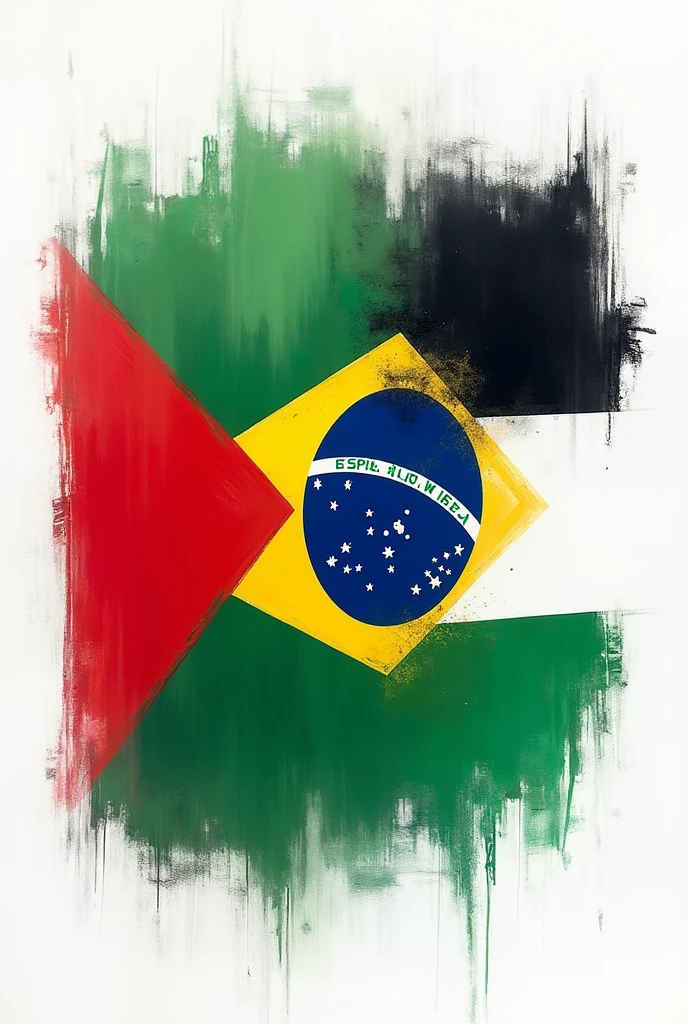half brazilian flag, half of the palestinian flag covering the entire space. the drawing is like a drawing