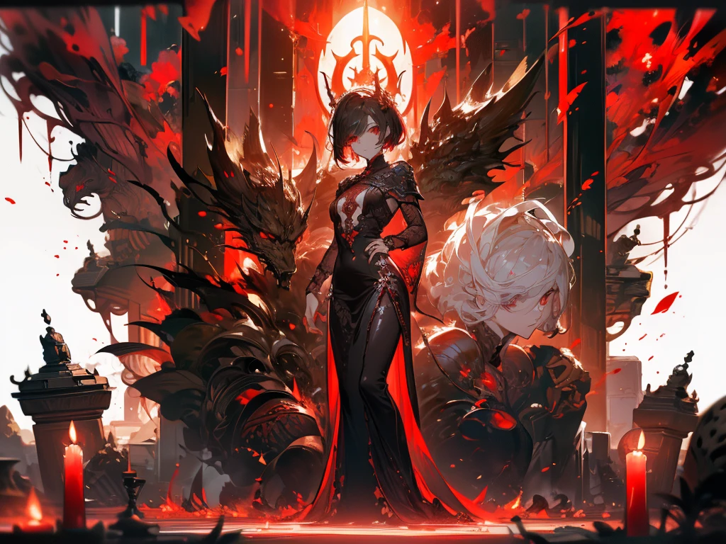 ((masterpiece, best quality)), Epic battlefield atmosphere,Heroic Demon Lord,Flame Surround,Ashes of Heaven,A meticulous face,Standing image,Perfect body proportions,Stylish short hair,Beautiful red eyes,Fantasy style,White background,transparent,Sexy,Lace