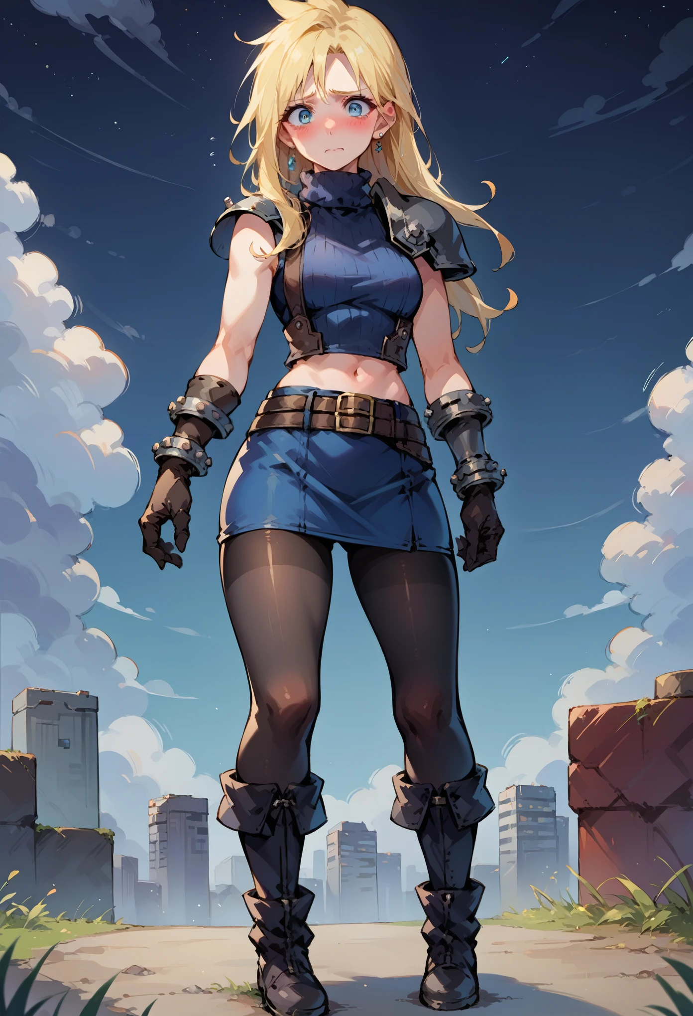 score_9, score_8_up, score_7_up, source_anime, 1girl, solo, female focus, female body, defCloud, blonde hair, long hair, single earring, shoulder armor, sleeveless turtleneck, belt, blue skirt, short skirt, boots, black pantyhoses, gloves,standing, nervous, blushing, midriff, navel, full body, looking at you, metallic city, dark sky, night,