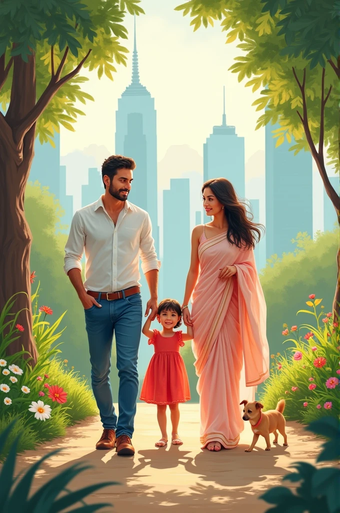 White shirt and jeans pants Husband , light pink clour saree wife,red frok baby,walking ina garden,bright morning,background sky scrappers,a puppy.