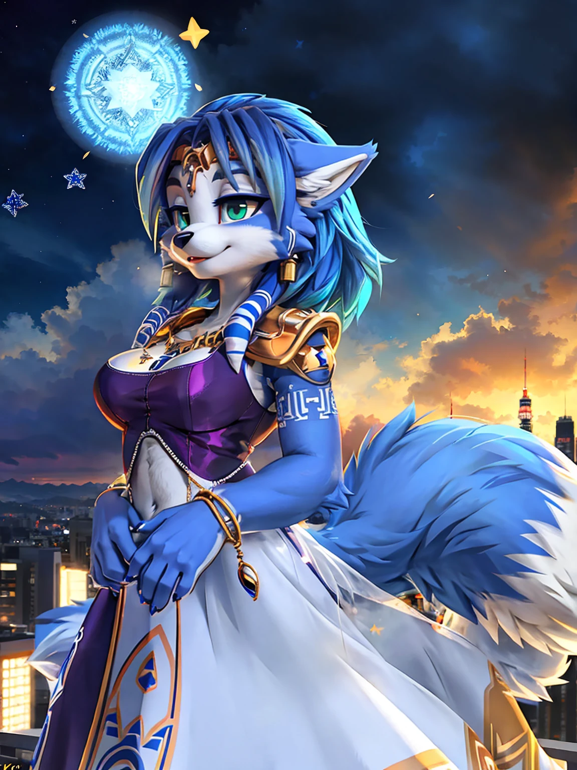 A beautiful and detailed (cute portrait) wa ((krystal)), Star Fox krystal, sslim, lovable, green eyes, medium breasts, (((Long blue hair 1.3))), Decollete, anthro, furry, Uploaded E621, detailed fluffy fur, (wa Fluff-Kevlar, Bayard Wu, Pino Daeni), detailed face, (fluffy), 1 girl, alone, sweet girl, gown 