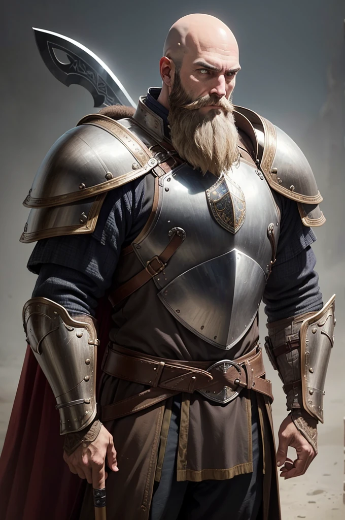 1man, Tall, Bald, brown beard, brown eyes, facing right (45degrees), Breastplate armour, sleeve less, Battle axe, weapon over the shoulder over the shoulder, medieval, high quality , detailed hands, gray background

