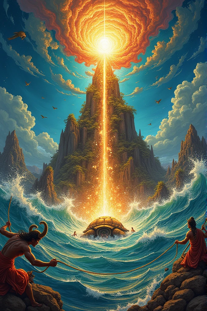 Prompt:
A vibrant, detailed illustration of Samudra Manthan, the churning of the ocean. Depict the gods and demons on either side of Mount Mandara, using the serpent Vasuki as a rope. Include the giant tortoise Kurma supporting the mountain. Highlight the emergence of the divine nectar Amrita and other treasures from the ocean. Use a rich color palette and intricate detailing.
Additional details to consider:
 * Style: Hindu miniature painting, Indian classical art, or a more modern interpretation.
 * Focus: The churning process, the emergence of treasures, or the clash between gods and demons.
 * Atmosphere: Dramatic, chaotic, or serene, depending on your desired tone.
Example:
A dynamic scene of Samudra Manthan, with gods and demons pulling the serpent Vasuki, their faces contorted with effort. Mount Mandara, supported by the giant tortoise Kurma, stands tall amidst the churning ocean. The divine nectar Amrita, glowing brightly, floats above the surface, surrounded by other treasures. The sky is ablaze with color, reflecting the intensity of the event.
