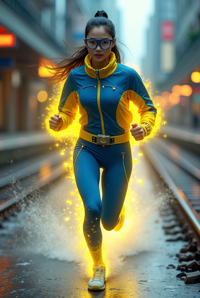 Chinese japan women average age wear jumpsuit high tech(( blue yellow)) age 15. ((loose high tech belt. ))Running effect. Glowing yellow power.((wear jacket blue))short girl. Runfast effect. flat breast.zipped shirt. ((blue big glasses big frame.))running speed of light . latex suit. big tight. running athlete.pontytail hair. ((Braces teeth.))train rail .Bokeh background. Panning effect. Yellow high tech watch. a beautiful young chinese women, , wearing a high-tech blue and yellow very tight jumpsuit. ((wear jacket bomber jacket blue yellow,)) venus body type.. unning with style pose . ,floating water pallet, photorealistic, detailed facial features, long hair, elegant pose, dynamic lighting. glowing body yellow lightning effect, 8k, award-winning digital art, intricate details, vibrant colors, cinematic composition. very fasr run, highly detailed. light trail effect. speed of light. froze time effect. at the city.run water . spash water. the girl run fast on wet road. background on subway.

