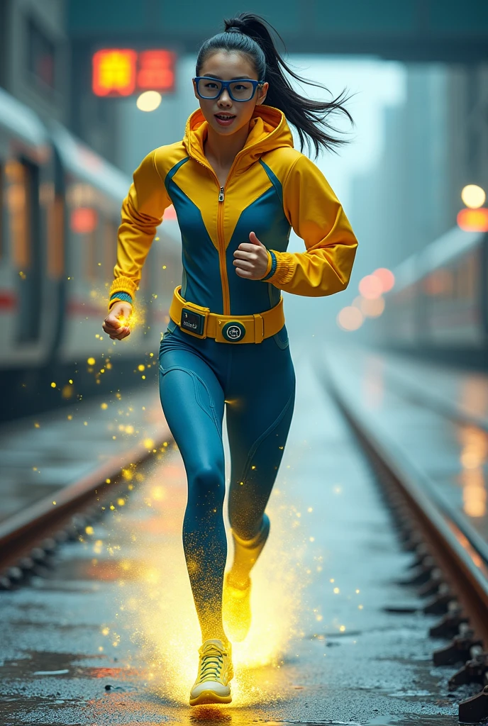 Chinese japan women average age wear jumpsuit high tech(( blue yellow)) age 15. ((loose high tech belt. ))Running effect. Glowing yellow power.((wear jacket blue))short girl. Runfast effect. flat breast.zipped shirt. ((blue big glasses big frame.))running speed of light . latex suit. big tight. running athlete.pontytail hair. ((Braces teeth.))train rail .Bokeh background. Panning effect. Yellow high tech watch. a beautiful young chinese women, , wearing a high-tech blue and yellow very tight jumpsuit. ((wear jacket bomber jacket blue yellow,)) venus body type.. unning with style pose . ,floating water pallet, photorealistic, detailed facial features, long hair, elegant pose, dynamic lighting. glowing body yellow lightning effect, 8k, award-winning digital art, intricate details, vibrant colors, cinematic composition. very fasr run, highly detailed. light trail effect. speed of light. froze time effect. at the city.run water . spash water. the girl run fast on wet road. background on subway.