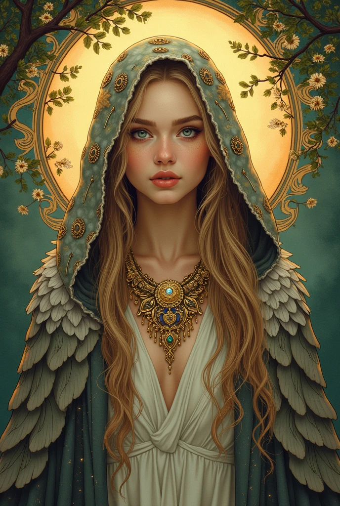 Illustration of the Norse goddess Freyja in her cloak of falcon feathers, wearing an elaborate Viking necklace of gold and jewels. Art Nouveau style.