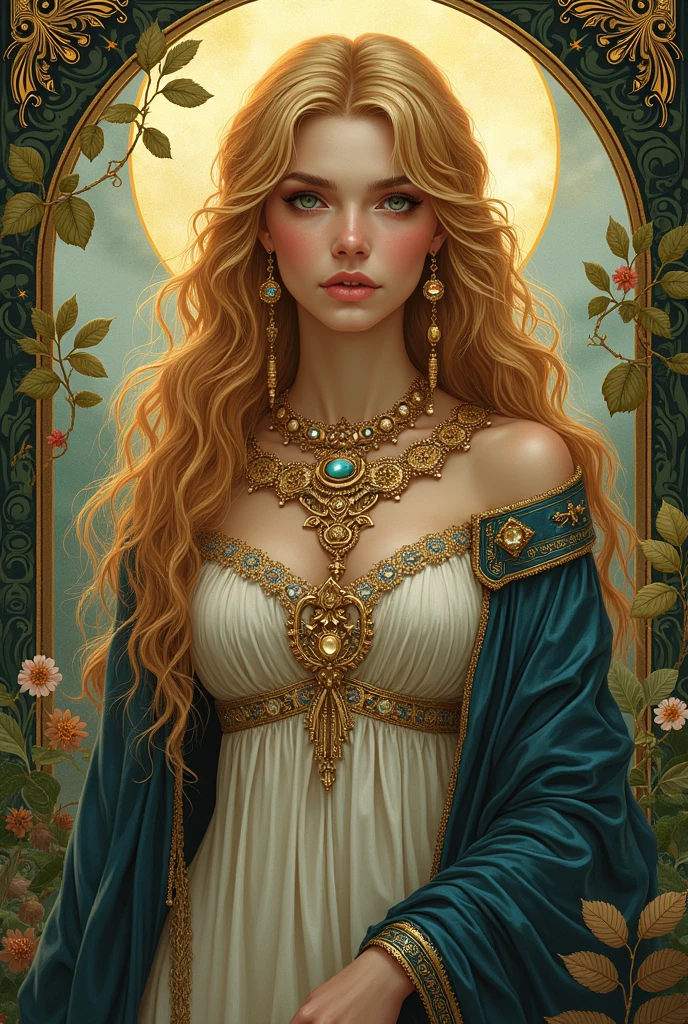 Illustration of the Norse goddess Freyja in her cloak of falcon feathers, wearing an elaborate Viking necklace of gold and jewels. Art Nouveau style.