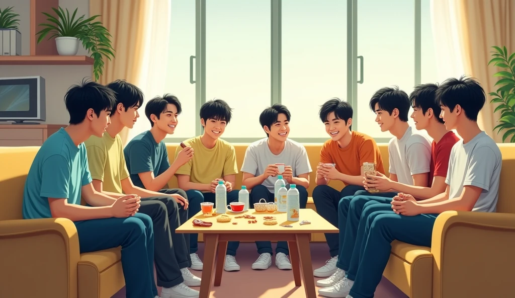 Twelve 20-year-old dark-haired, yellow-skinned Korean guys are gathered in a large, bright dormitory common room, eating snacks and drinking from water bottles. They're casually sitting on sofas or on the floor, with snacks and drinks scattered on the table.