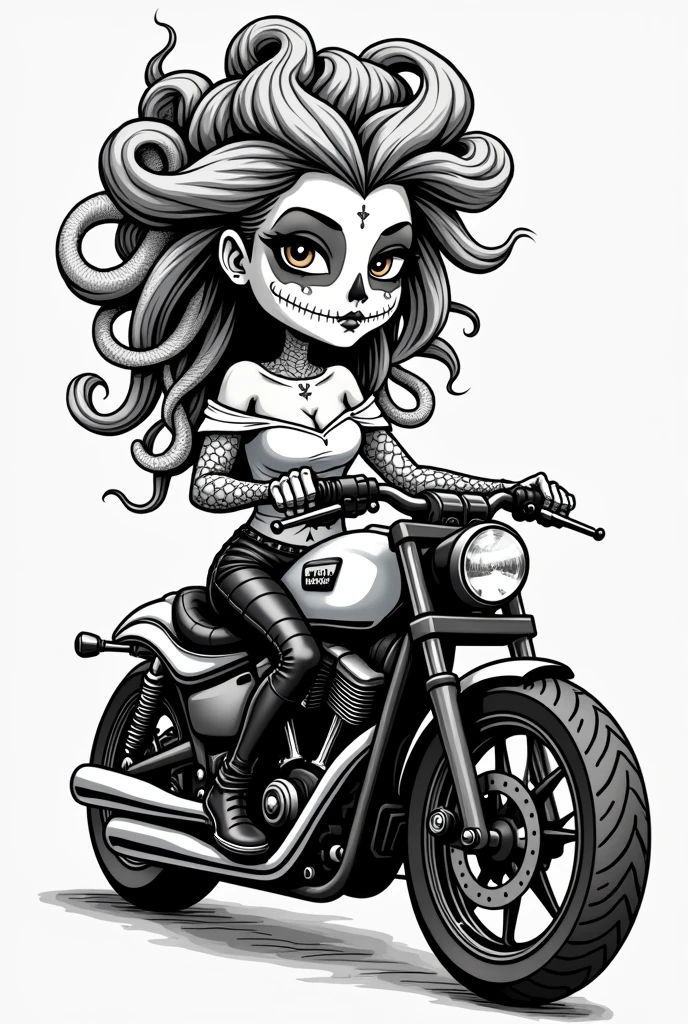 (Black and white doodle style cartoon) Medusa, pay attention to the details of the snake hair, mexican skull makeup, leather pants, better, blouse, tattoo's, riding a custom motorcycle, eyes browns. attention to the details