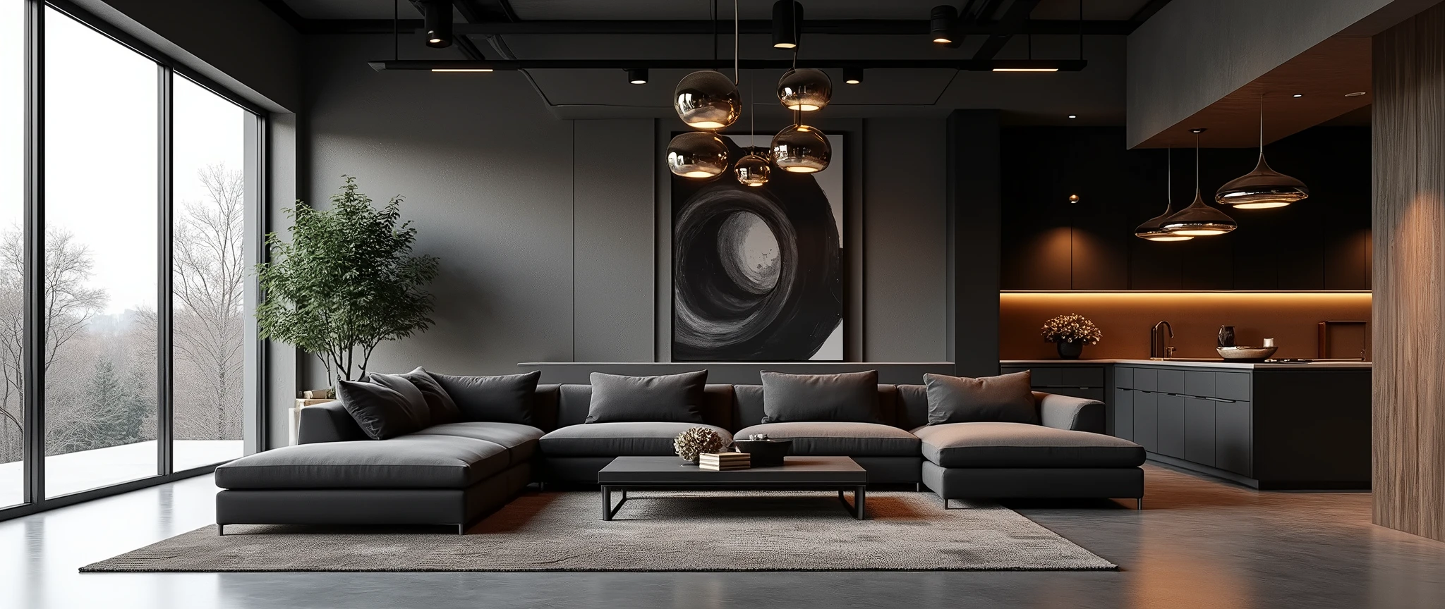 reate a realistic render of a modern and luxurious living space with an industrial and minimalist design, set on a single floor. The room features large floor-to-ceiling windows on one side, allowing natural light to softly illuminate the space. A spacious, plush sectional sofa in a dark, muted tone is positioned centrally, surrounded by modern décor elements. Above the sofa, a series of sleek, metallic pendant lights with reflective surfaces hang down, adding an element of sophistication.

The living area is complemented by a large, dark coffee table placed on a soft, neutral-toned rug that ties the space together. The background features a dramatic piece of modern art that brings depth to the room. On the right side, the space seamlessly transitions into a modern kitchen area with a clean, streamlined design. The kitchen is equipped with minimalist cabinetry, a sleek countertop, and subtle lighting that enhances the warm, cozy atmosphere.

The overall color scheme is dominated by dark and neutral tones, with carefully placed lighting to create a dramatic yet inviting ambiance. The entire design emphasizes simplicity, elegance, and functionality, making the space both aesthetically pleasing and practical for everyday living.