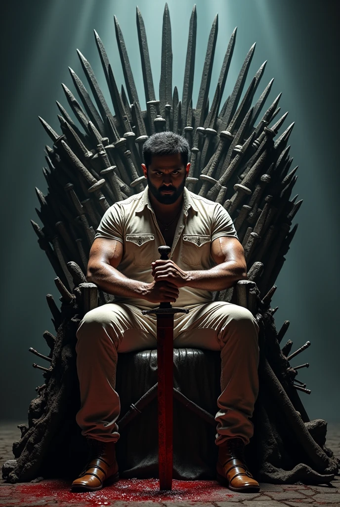 A man resembling Jr NTR is sitting on an iron throne, which is intricately designed with swords and dark metal. His shirt and pants are soaked with blood, indicating he has been through a fierce battle. In his left hand, he holds a bloodied sword with a strong grip. His expression is intense and focused, as he looks directly towards the viewer with piercing eyes, exuding a sense of power and determination. The background is dimly lit, adding a dramatic and ominous atmosphere to the scene."