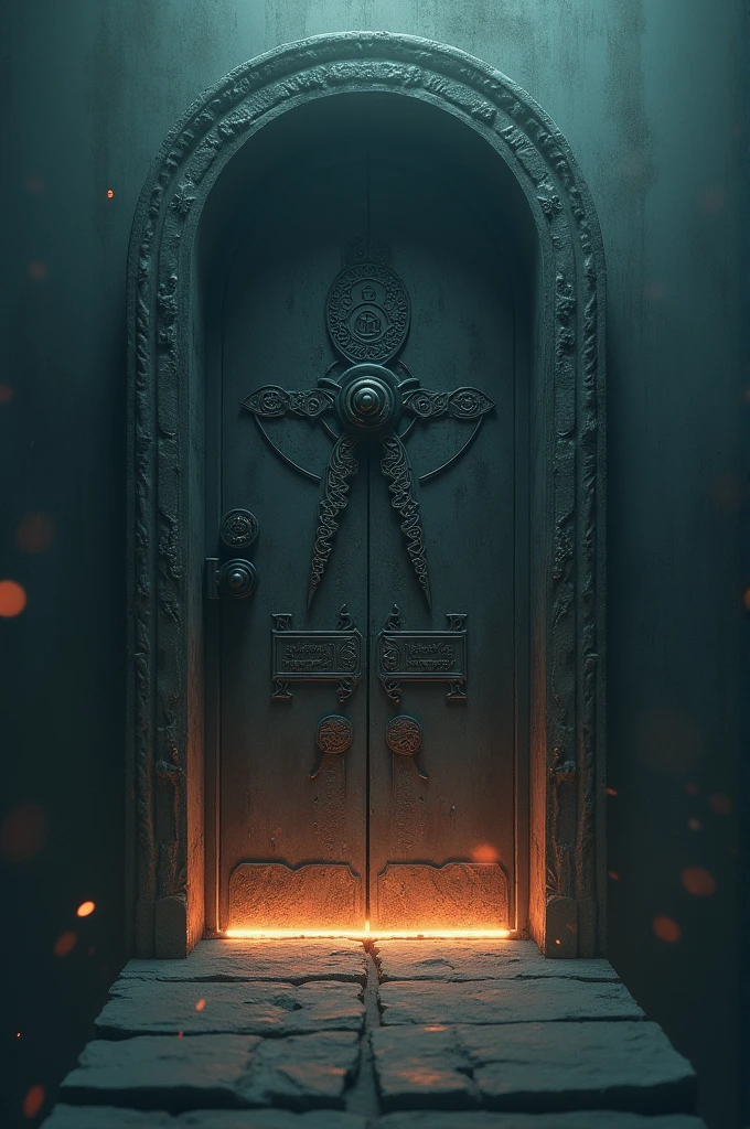 illustration of a mysterious door to the world of necromancy with dark light inside, displays warning signs and a mystical aura that arouses curiosity from the tension. detail : depth of field, f/2.0, 8k resolution