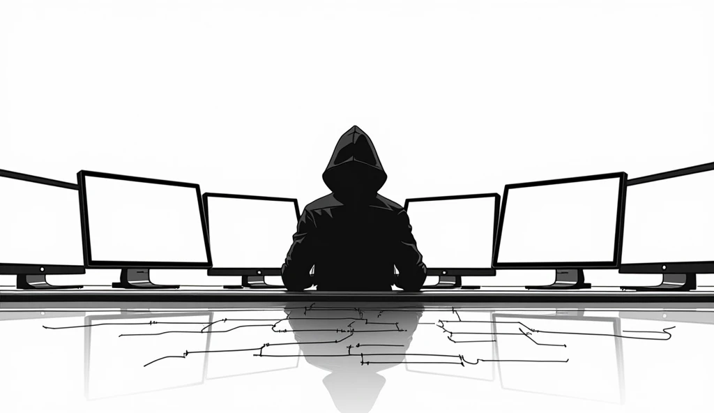 black and white hacker type vector manga multiple screens horizontal white background only the border lines in black without fills

