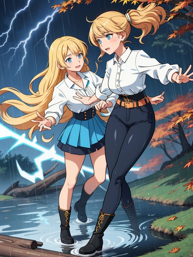 Modern anime style digital painting of 2 female teachers in a front view and action pose during an autumn day, soaked in rain with spectacular lightning in the background. She is 165 cm tall, with measurements of 91-61-81 cm, and it is long to the waist, Wavy blonde hair with V-shaped bangs and bright blue eyes.. emitting a golden aura, She stands dynamically with one leg raised on a fallen log. She wears a white blouse with ruffles., a black corset, skinny skinny jeans, and black high boots, all soaked by the rain. The scene unfolds in rich autumn foliage and vivid lightning.., enhancing the intense and mystical atmosphere.