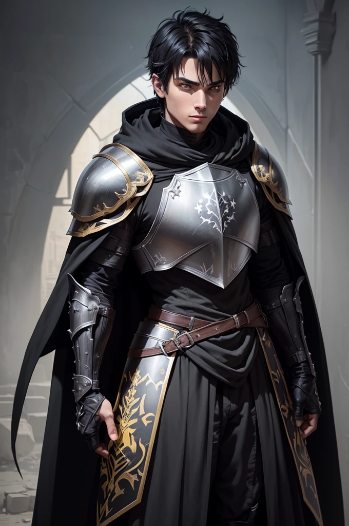 A young man of 1 who wears a light armor made of a very resistant metal, and a black cloak he wears a sword of black color that has a silver flower drawn on it he has a serious look and a scar on his right eye, he has short black hair and yellow eyes, he wears black gloves and on the breastplate of his armor has a small emerald stone