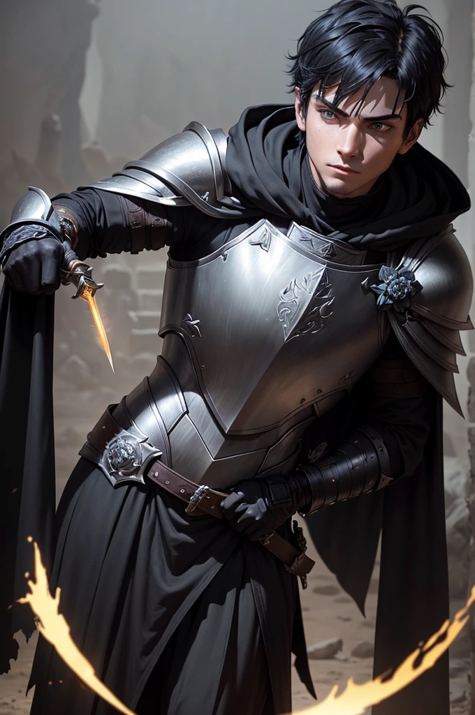 A young man of 1 who wears a light armor made of a very resistant metal, and a black cloak he wears a sword of black color that has a silver flower drawn on it he has a serious look and a scar on his right eye, he has short black hair and yellow eyes, he wears black gloves and on the breastplate of his armor has a small emerald stone