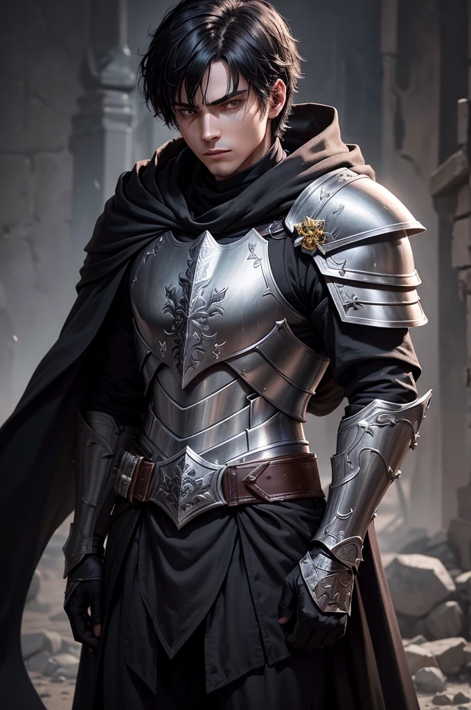 A young man of 1 who wears a light armor made of a very resistant metal, and a black cloak he wears a sword of black color that has a silver flower drawn on it he has a serious look and a scar on his right eye, he has short black hair and yellow eyes, he wears black gloves and on the breastplate of his armor has a small emerald stone