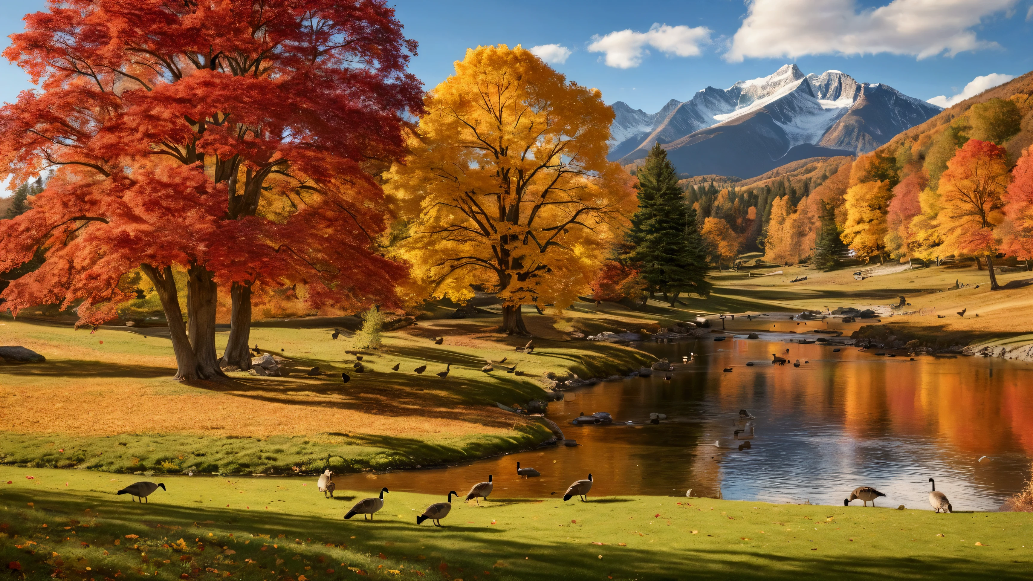 Create an ultra-high-resolution, 8K, photorealistic image of a stunning autumn landscape. In the distance, vibrant red maple forests cover the mountains, glowing brilliantly under the golden autumn sunlight. A gentle river flows through the scene, with maple leaves floating on the water's surface. In the foreground, colorful houses and grazing cows and sheep dot the landscape. The sky is clear with high, wispy clouds, and the air feels crisp and fresh. Canadian Geese walk and seek food on green grass, adding to the serene and enchanting atmosphere of this picturesque fall day.