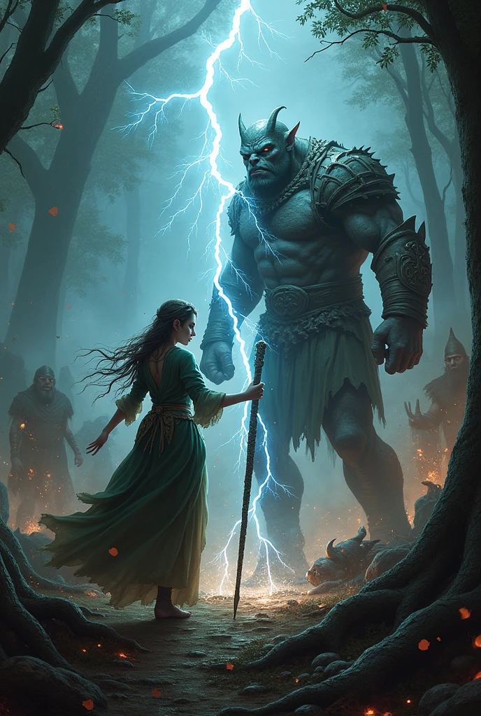 elf mage with her magic staff throws a lightning bolt at the orc king which disorients him and helps the human king in the battle. The fight takes place in a bloody forest with dead orcs and wounded human soldiers at dusk.