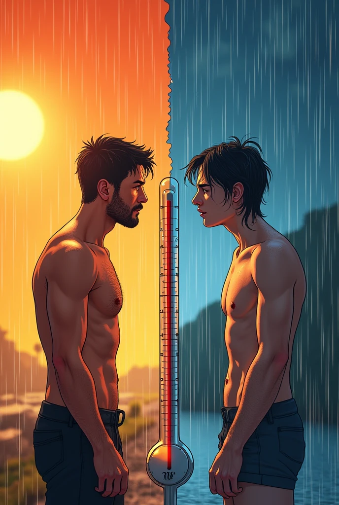 Image:
A split panel:On one side, a person drenched in sweat, standing under a blazing sun with the temperature gauge reading over 45°C.
On the other side, the same person completely drenched by sudden, heavy rain, looking confused and frustrated.