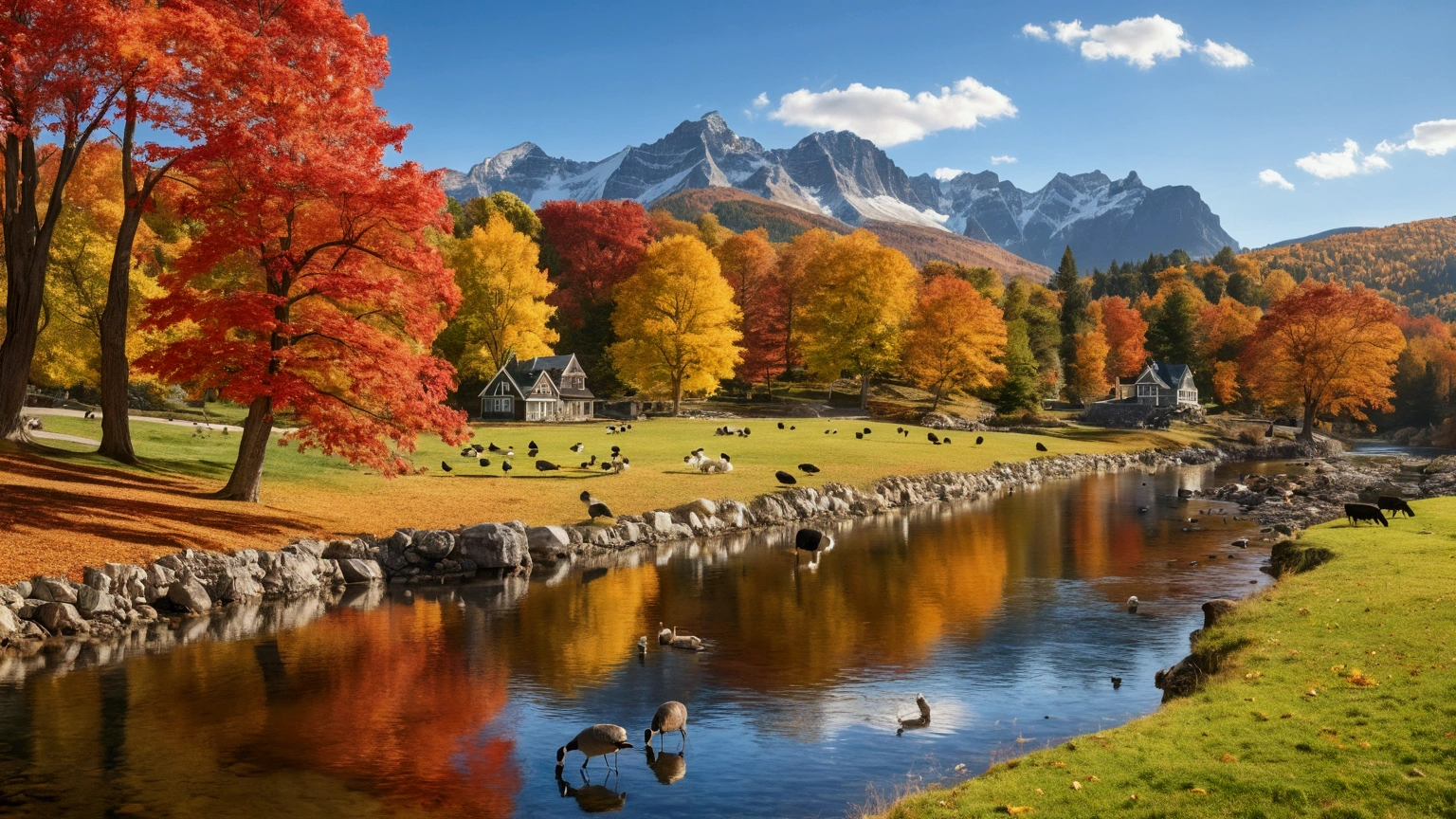 Create an ultra-high-resolution, 8K, photorealistic image of a stunning autumn landscape. In the distance, vibrant red maple forests cover the mountains, glowing brilliantly under the golden autumn sunlight. A gentle river flows through the scene, with maple leaves floating on the water's surface. In the foreground, colorful houses and grazing cows and sheep dot the landscape. The sky is clear with high, wispy clouds, and the air feels crisp and fresh. Canadian Geese walk and seek food on green grass, adding to the serene and enchanting atmosphere of this picturesque fall day.