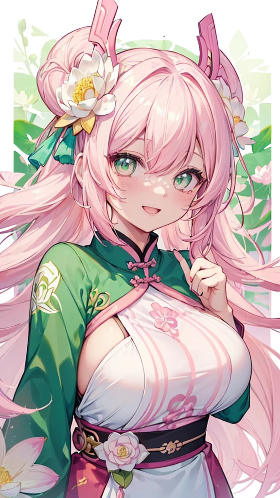 ((Genshin impact style lineart)) ((all body portrait)), (masterpiece), (high quality), ((full body)) 1 girl, s, female and curvy body, white skin, freckles, ((long, and wavy (((white-pink hair)), ((GREEN and bright eyes like de forest)), she has a cheerful, Very lively, happy, bright, kind and sweet expression, pink lips with a big smile, ((designs from East Asian, Game character costume design)), Chinese clothing style with a green and light pink color palette, chinese hair accessories, ((White background, chinese flowers, lotus, cute and colorful pink details)), ((portrait panting)), intricate details, lens flare,ultra high resolution,sharp focus,HD,8k,clear facial features,clear details,beautiful eyes,beautiful and cheerful face