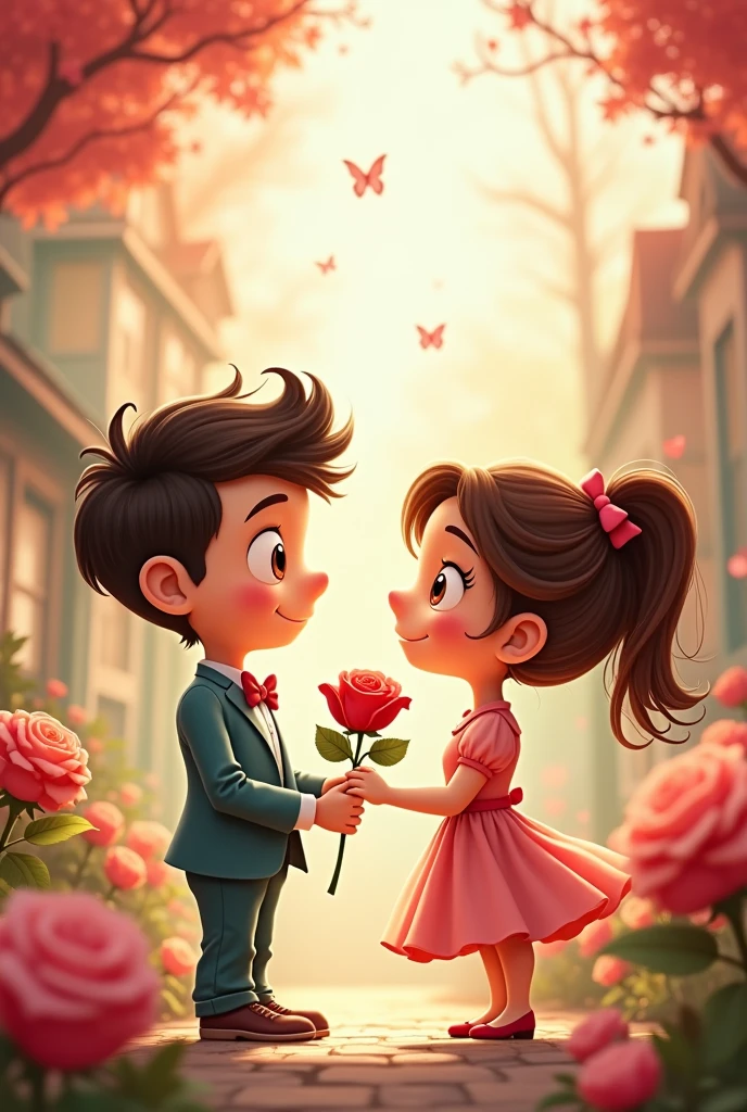 Create a cartoon couple,with the male having a rose in hand
