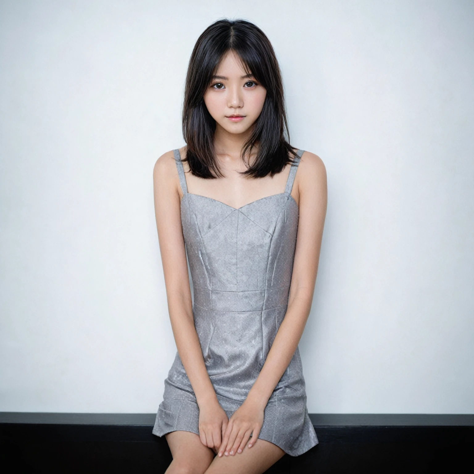 Yui, photo of female, age 15 year, black shoulder length hair with brown highlights; (dslr, ultra quality, film grain, Fujifilm XT3, crystal clear, 8K UHD, highly detailed glossy eyes, high detailed skin, skin pores), wear light grey dress
