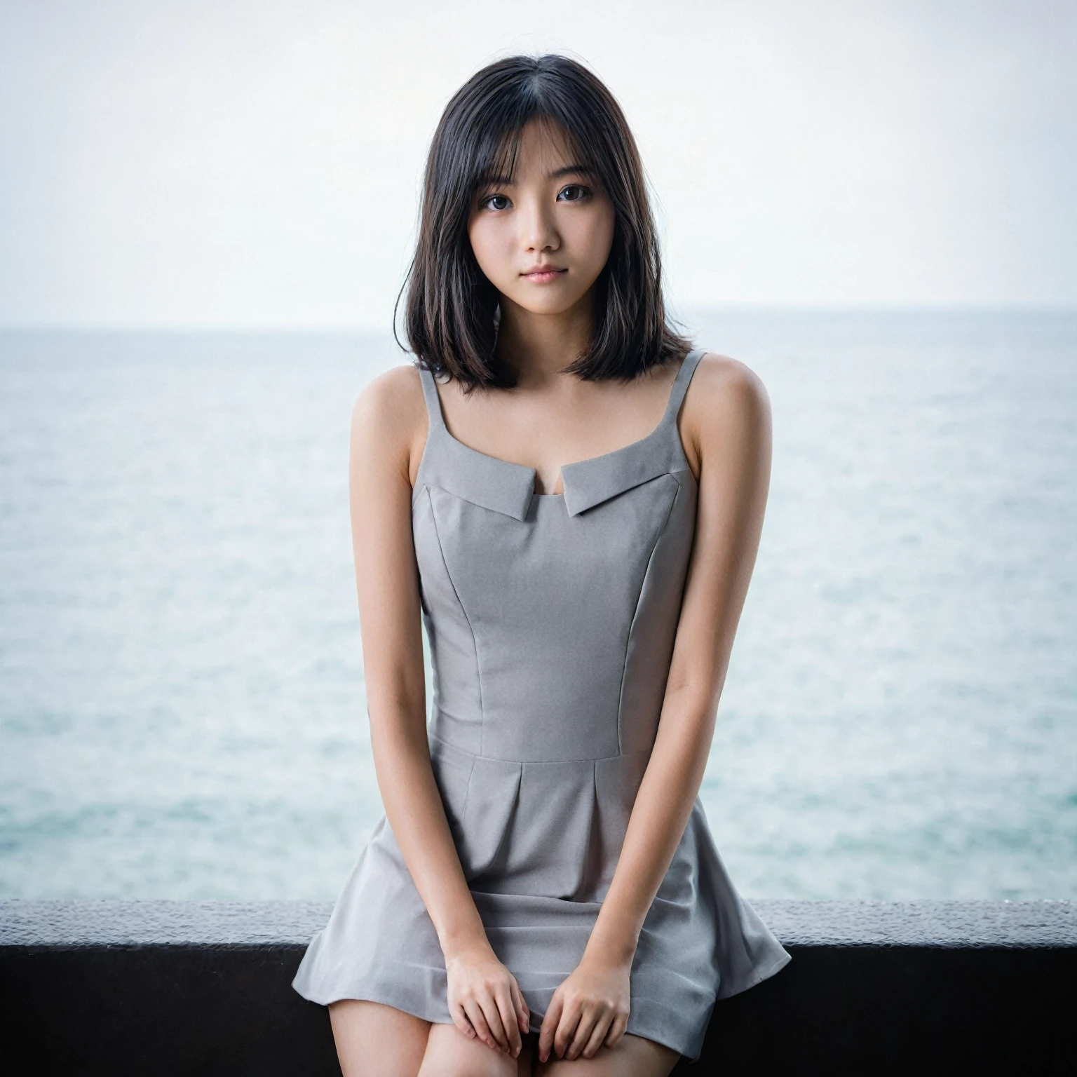 Yui, photo of female, age 15 year, black shoulder length hair with brown highlights; (dslr, ultra quality, film grain, Fujifilm XT3, crystal clear, 8K UHD, highly detailed glossy eyes, high detailed skin, skin pores), wear light grey dress