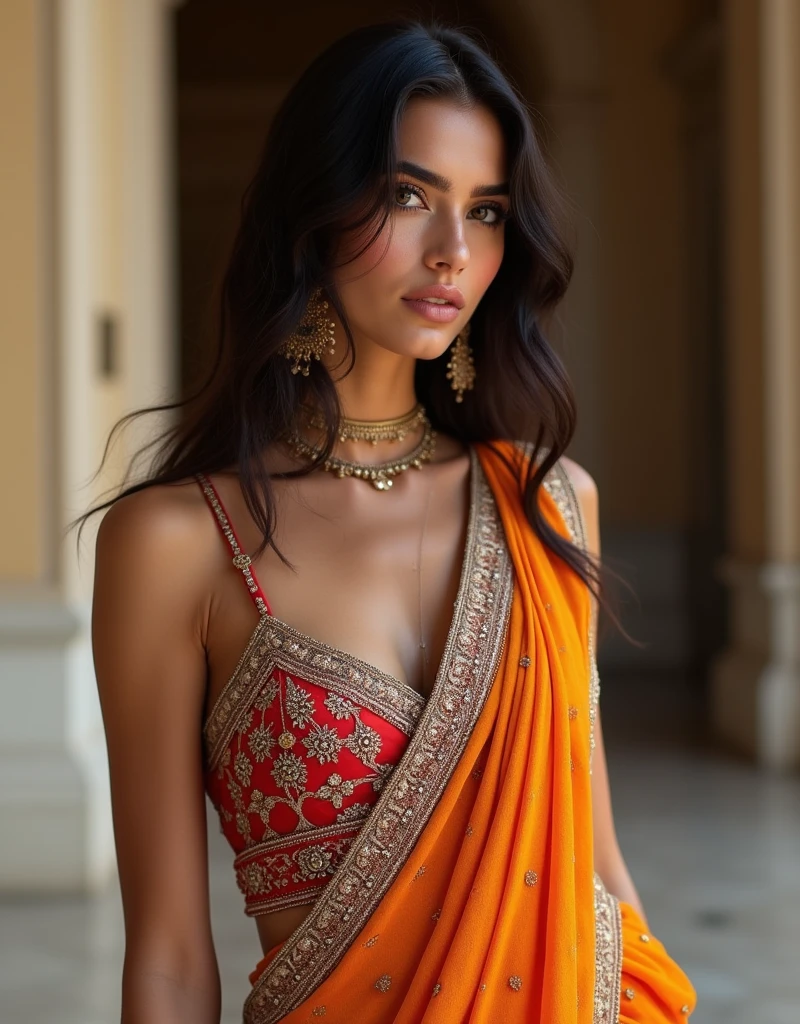 Sexy tall dark hair brunette, slightly wavy hair, 175cm tall, perfect body, in a colorful indian full dress that accentuates her figure, standing against museum, with a seductive gaze, raw photo, realistic UHD, 8k, realistic skin shadows, realistic skin texture, playboy photoshoot